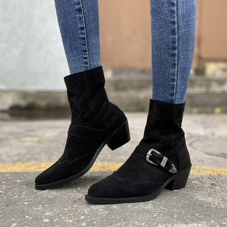 

Clearance Deals! AnuYalueCowboy Boots For Women Pointy Toe Women s Western Boots Cowgirl Boots Mid Calf Boots Chunky Heel Faux Suede Ankle Buckle Bootie