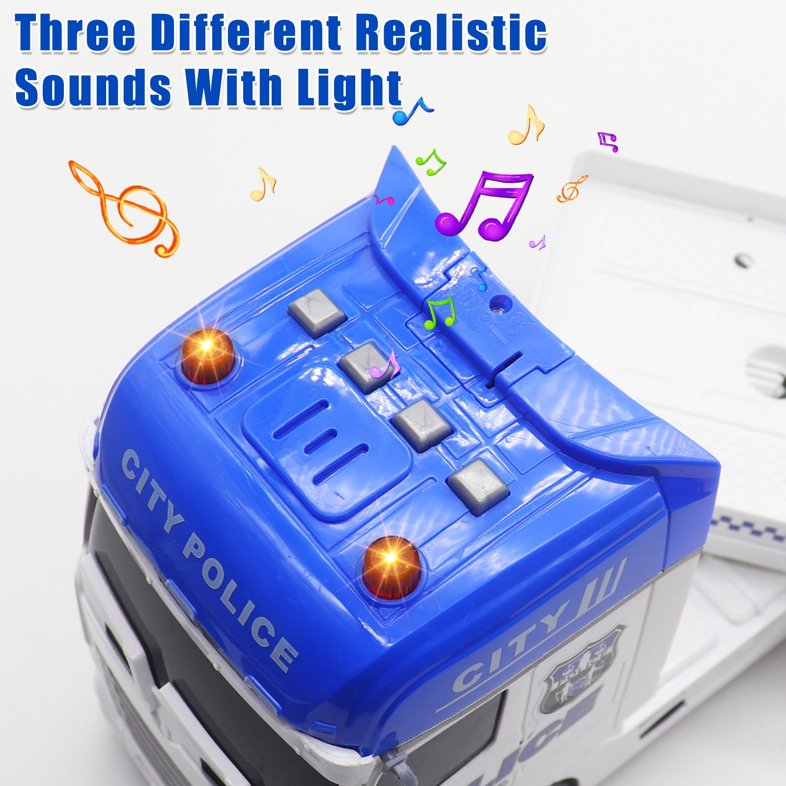 3 in 1 Large Police Truck Toy, 25" Semi Flatbed Truck Toy with Racing Car and Helicopter, Friction Powered Vehicles Toys with Lights and Sounds