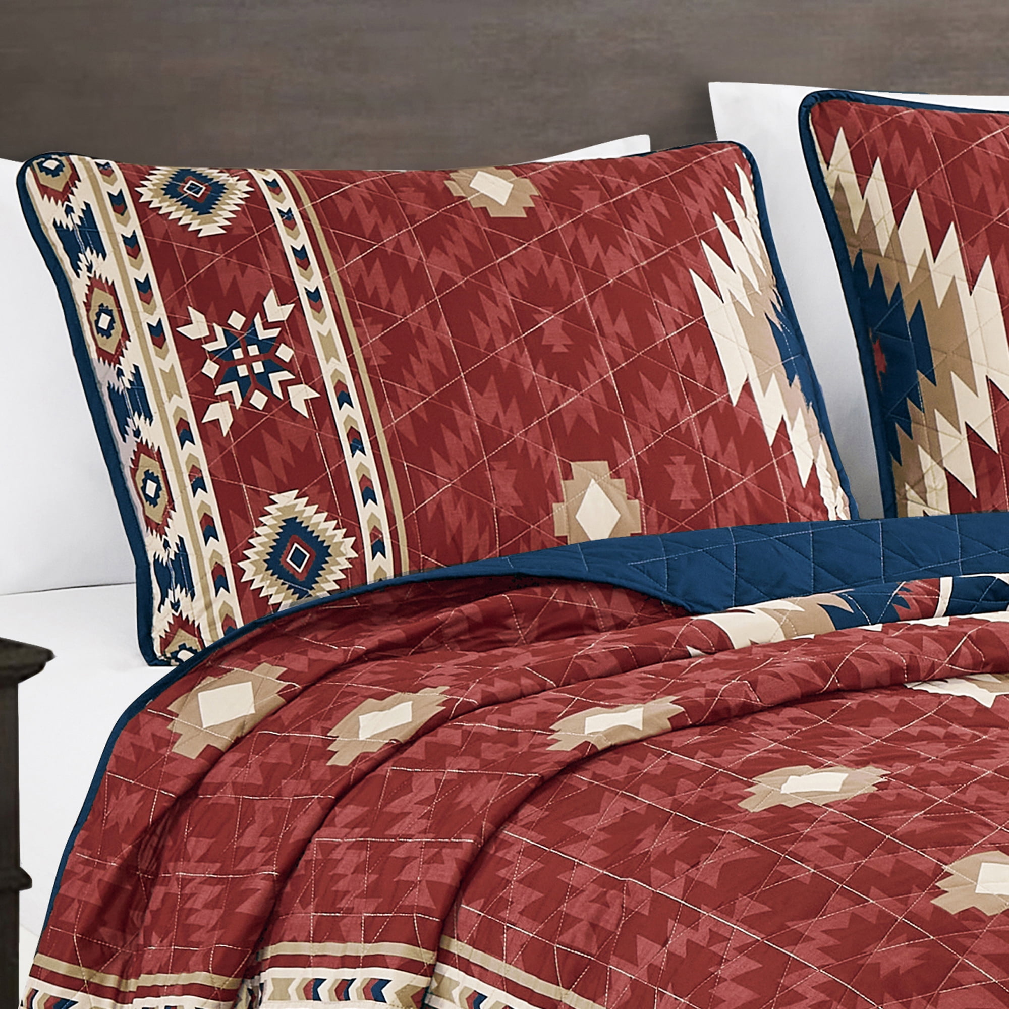 3-Piece Reversible Red & Blue Southwestern Pattern Bedspread Set,Queen