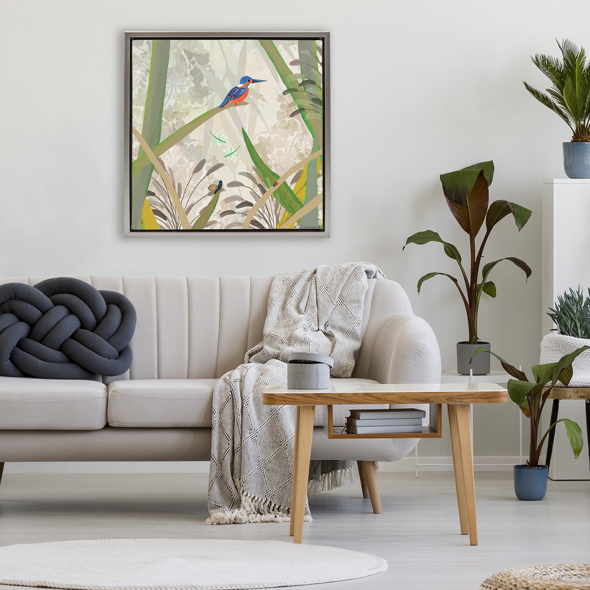 Stupell Industries Kingfisher Among Branches Gray Framed Floater Canvas Wall Art, design by Kay Widdowson