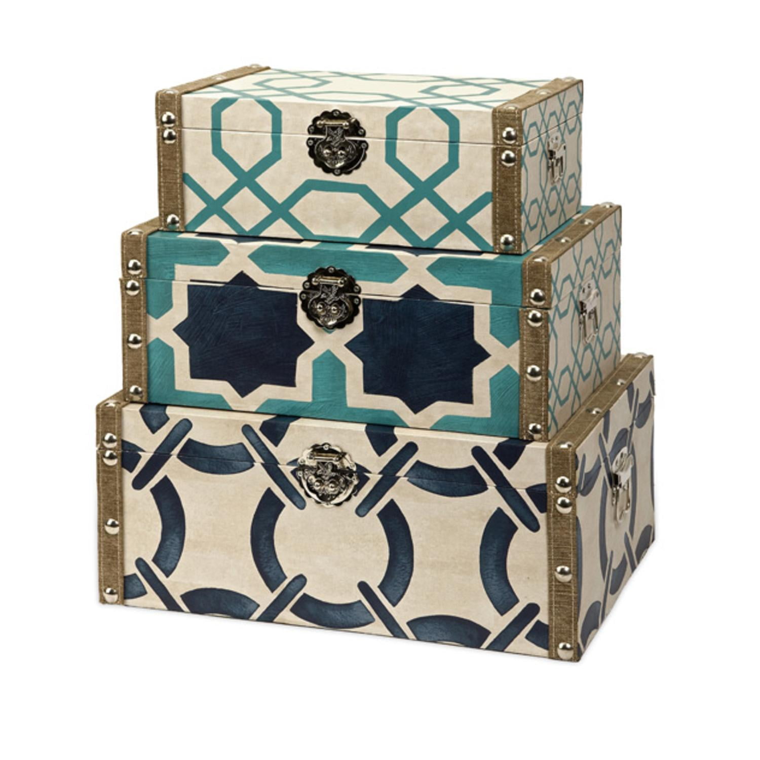 Set of 3 Nautical Inspired Geometric Patterned Decorative Trunk Style