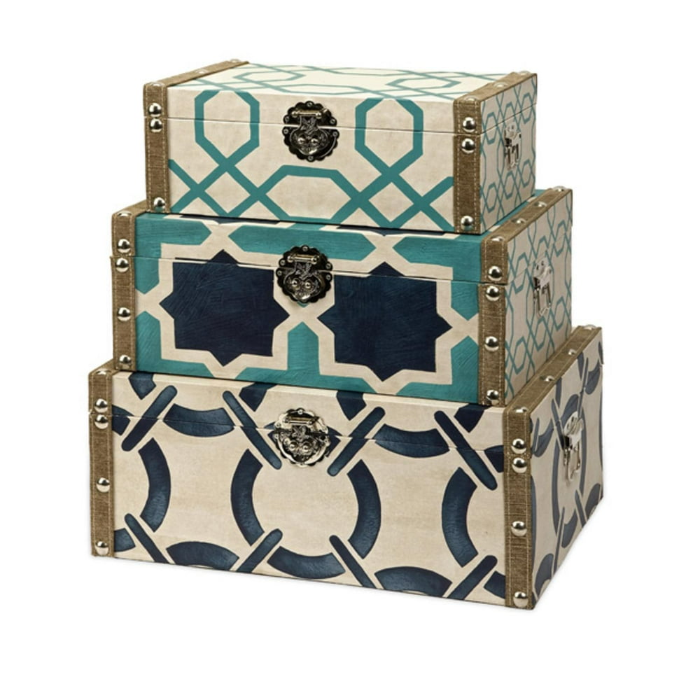 Set of 3 Nautical Inspired Geometric Patterned Decorative Trunk Style