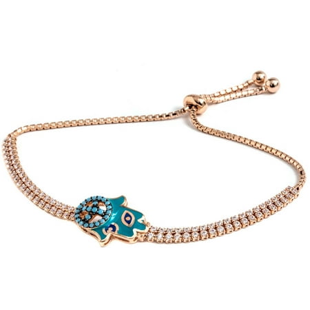 Pori Jewelers Turquoise CZ 18kt Rose Gold-Plated Sterling Silver Peace Hamsa Friendship Bolo Adjustable Bracelet