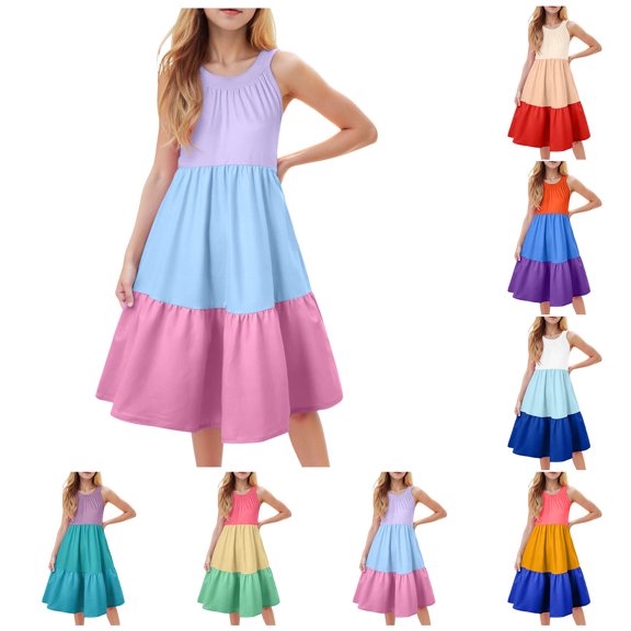 Girl's Dresses Color Block Ruffle Sleeve Tiered Swing A-Line Cute Midi Casual Sundress Girls Dresses Size 10-12 Blue Cute Dresses For Kids Long Yellow Sundress