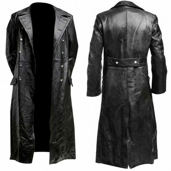 VEKDONE 2025 Clearance Black Leather Trench Coat Mens Full Length,Leather Duster Coat Long Warm Winter Overcoat for Men