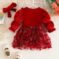 thumbnail image 3 of Pandaie Toddler Baby Girls Christmas Velvet Dress Butterfly Puff Sleeve Outfit 3M 6M 9M 12M 18M with Bow Headband Red,12-18 Months, 3 of 8