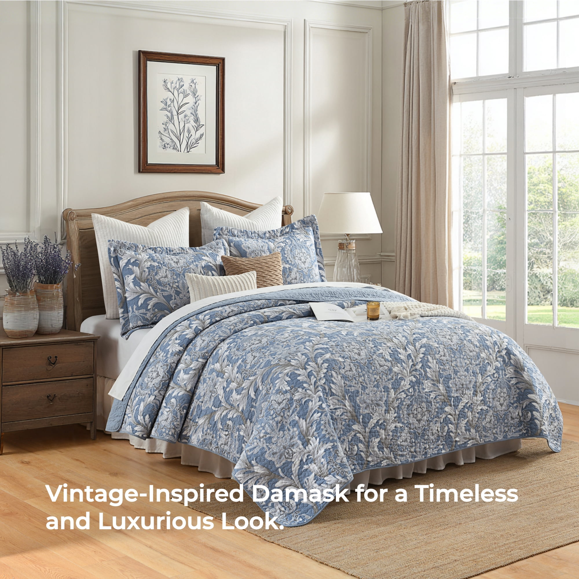 BCOTTON King Quilt Set - Luxury Blue Floral Beddings - 100% Cotton All Season Reversible Bedspread Set for King Bed- Lightweight, Soft, Pre-Washed(Blue/White)