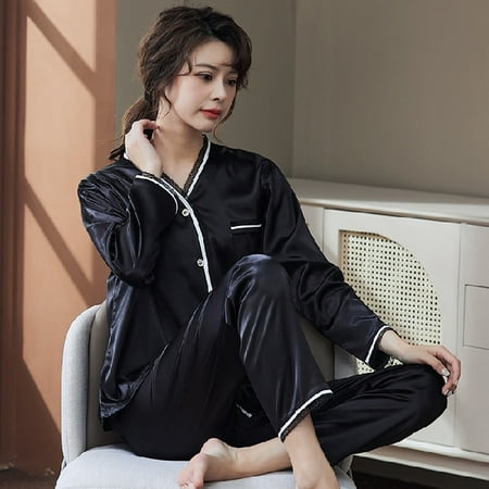 

PIKADINGNIS 2 Piece Women Set Spring Autumn Long Sleeve Pajamas for Woman Fashion Silk Sleepwear Home Cloth Lace Soft Trousers Satin Pajama
