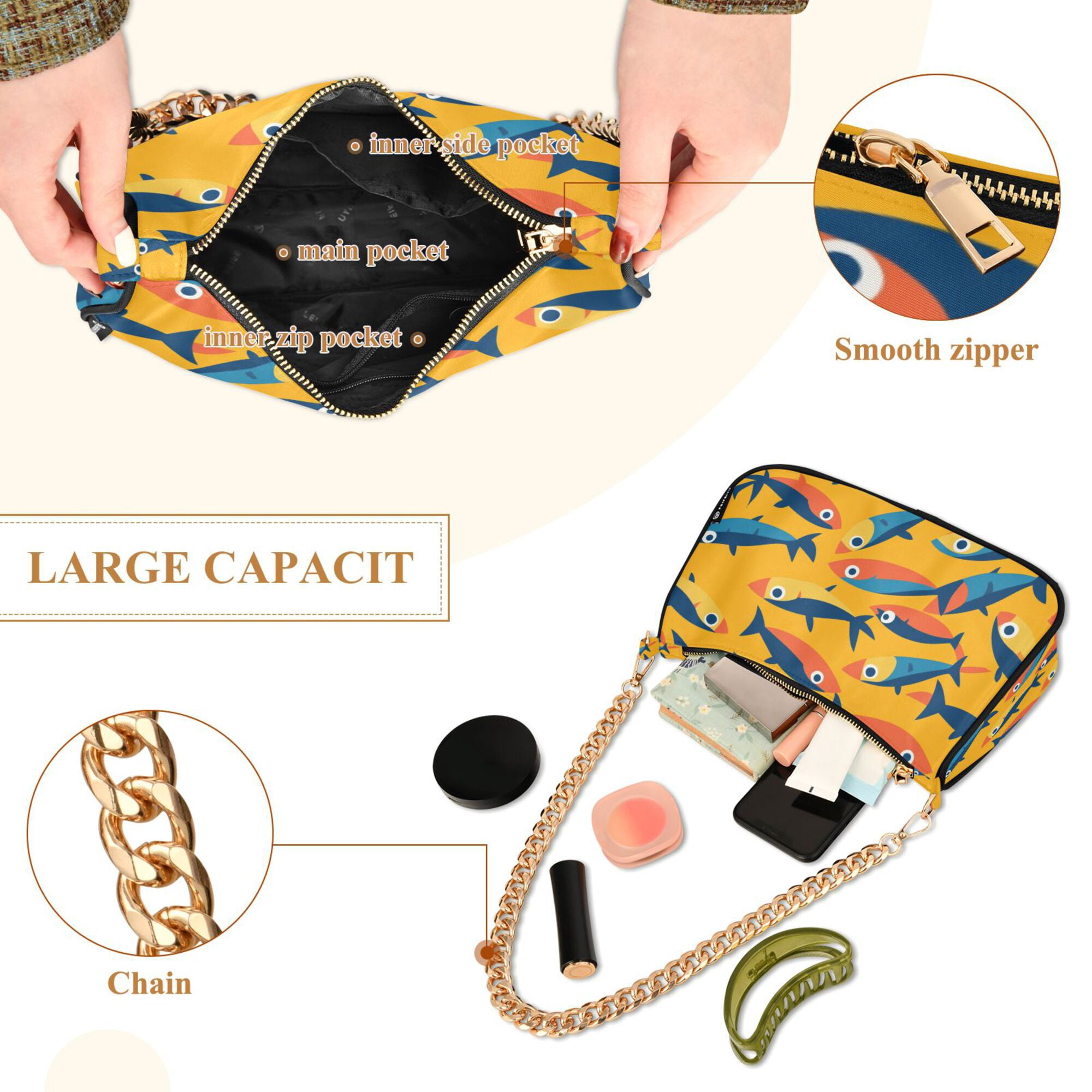 FORMRS Womens Shoulder Bag with Chain Strap Clutch Purse Cute Tote Handbag, Yellow Sardines Pattern