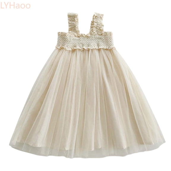 LYHaoo Toddler Girls Sleeveless Mesh Lace Holiday Party Dress Dance Party Dresses Clothes,Princess Dresses for Girls Sizes 18-24 Months Beige