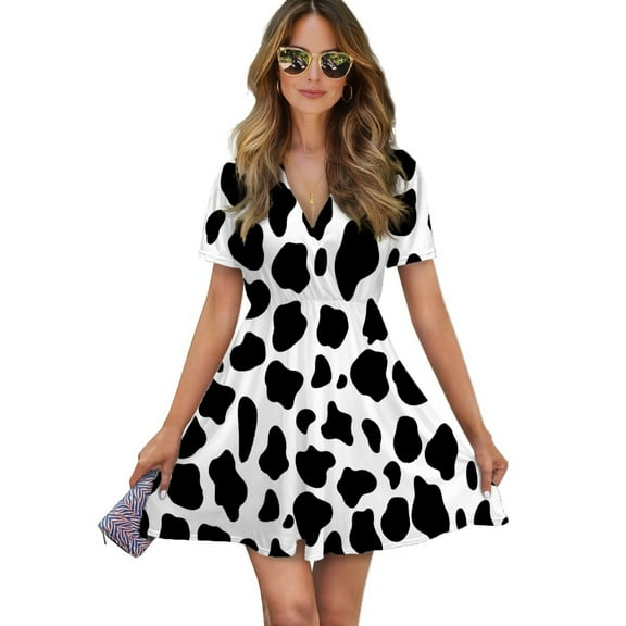 Black And White Cow Print Women Dress V-Neck Short Sleeve Flowy Swing Party Midi Dress