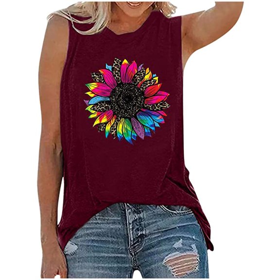 Womens Tops Dressy Casual,Womens Crew Neck Tank Tops Summer Sunflower Print Top Graphic Tees Casual Cami Shirts Blouses
