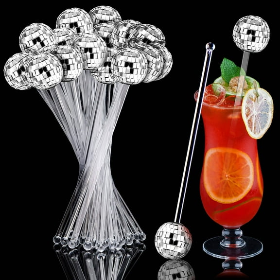 WSBArt 20 Pcs Disco Balls Cocktail Stirrers Plastic Round Top Swizzle Sticks Cake Pops Mirror Ball Coffee Beverage Stirrers for Home Bar Coffee Shop Use (Silver)