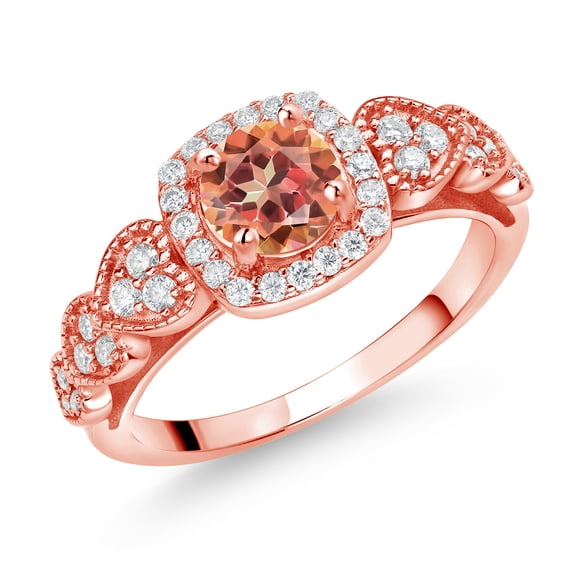Gem Stone King 18K Rose Gold Plated Silver Ecstasy Mystic Topaz and White Moissanite Engagement Ring for Women (1.38 Cttw, Round 6MM, Gemstone Birthstone, Size 7)
