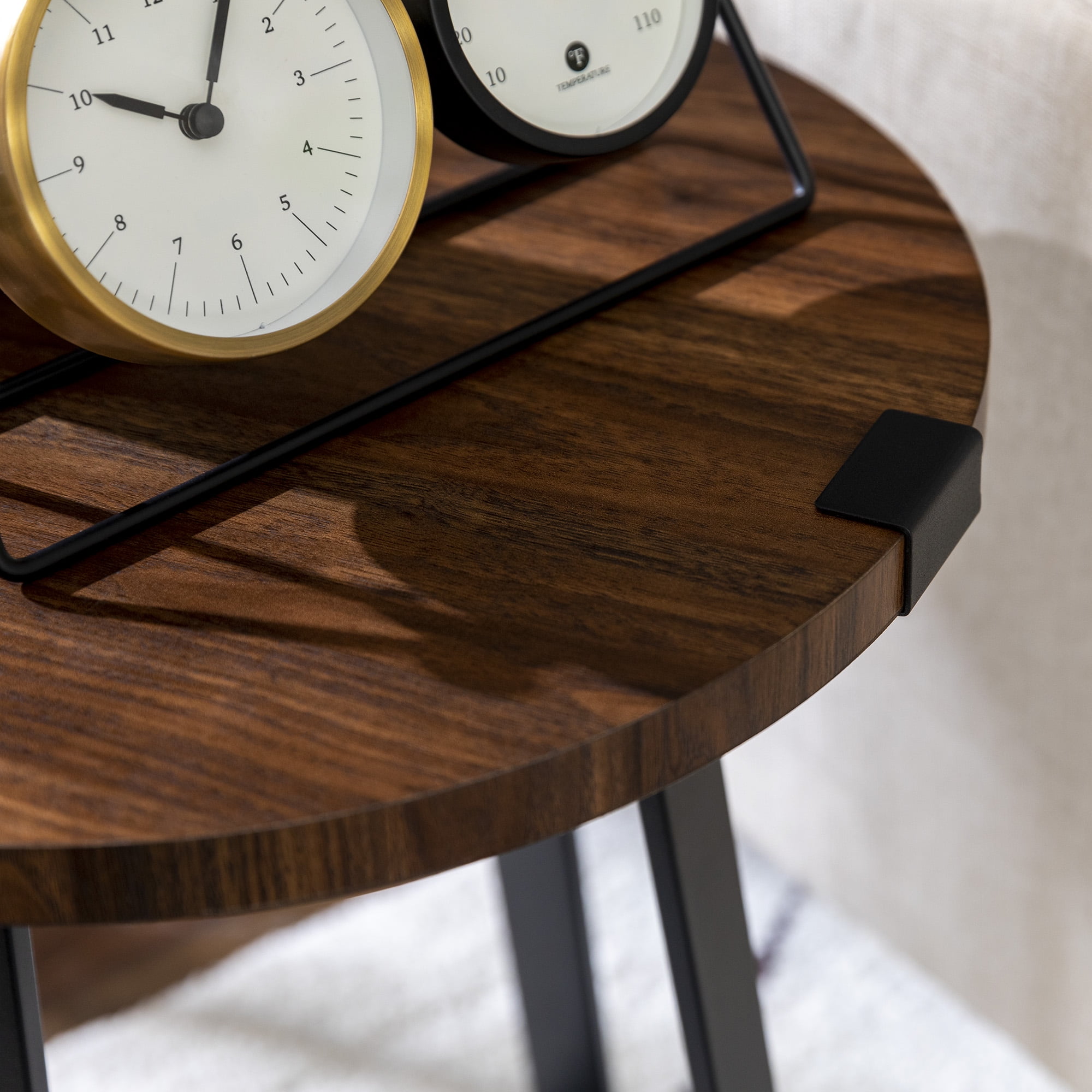 Walker Edison Rustic Wood and Metal Round End Table, Dark Walnut