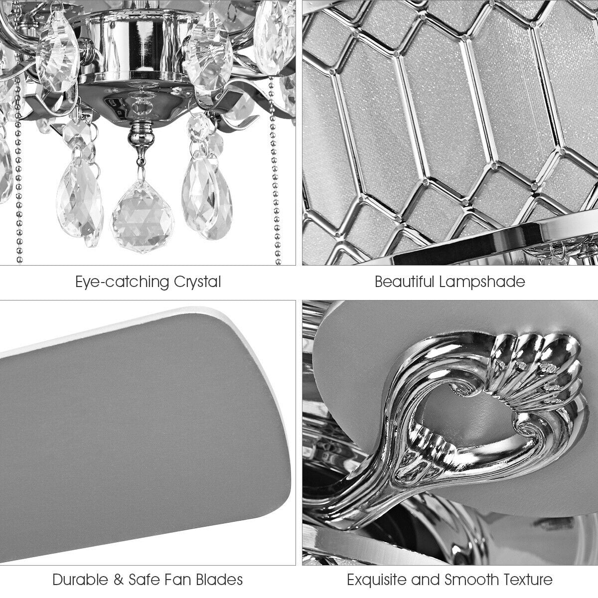 Costway 52 in Classical Crystal Ceiling Fan Lamp w/ 5 Reversible Blades Pull Chain Home Silver