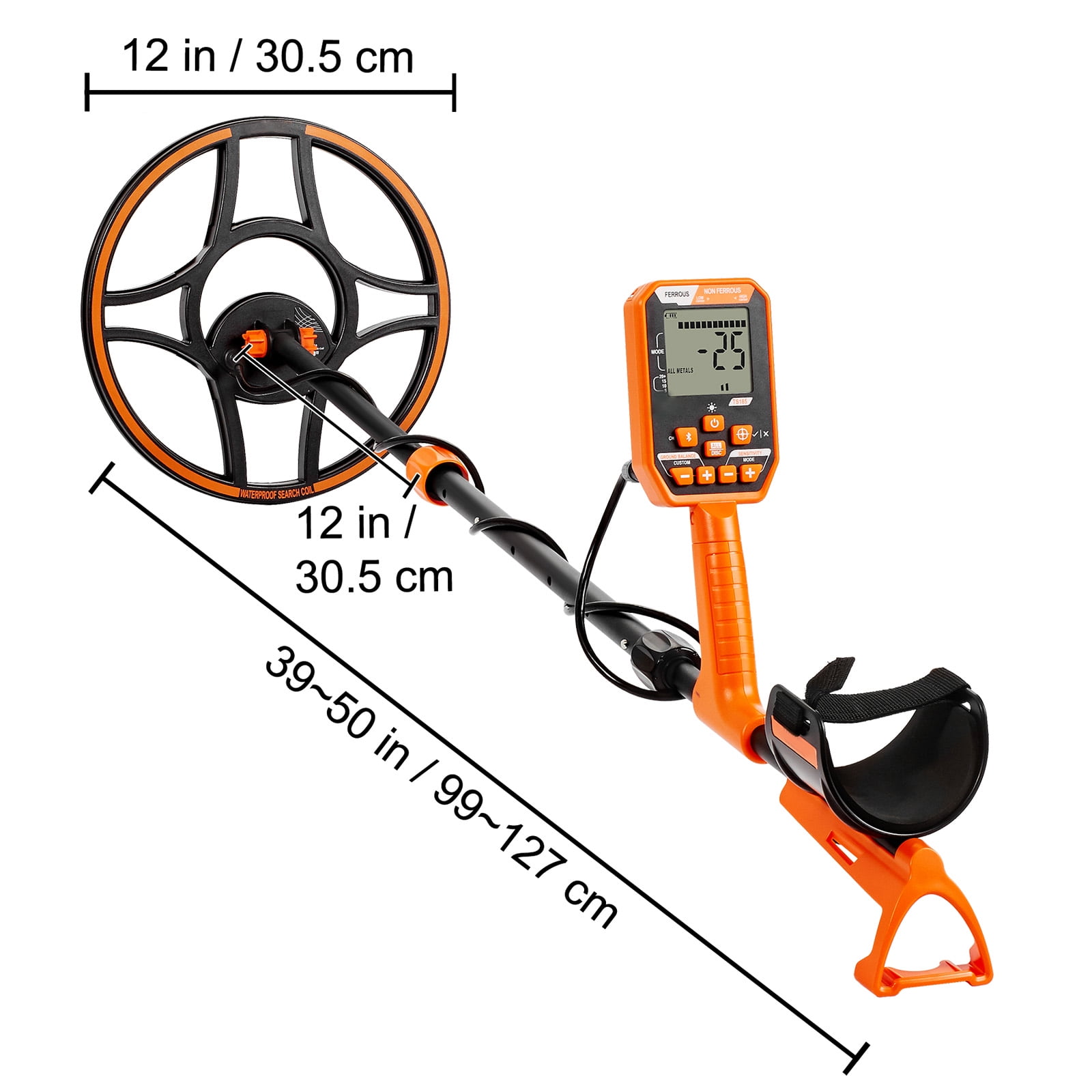 KFFKFF 12" Metal Detector with LCD Display, 39"-50" Adjustable Stem for Kids and Adults,7 Modes Gold Detector with IP68 Waterproof Coil, Suitable for Beaches, Backyards, Hiking