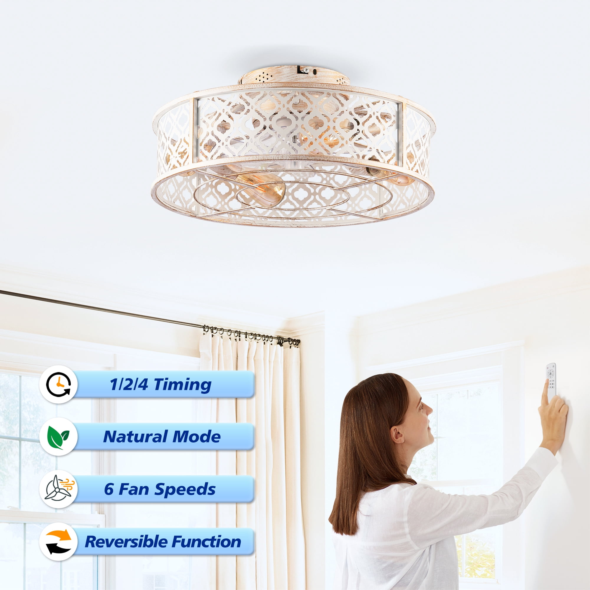 Leumius 20" Flower Style Iron Ceiling Fans with Light and Remote,Flush Mount Caged Ceiling Fan for Living Room Bedroom Dining Room White (NOT Included Bulbs)