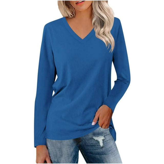 AherBiu Women's Tops Long Sleeve V Neck Fall Loose Fitting Basic Tee Comfy Solid Color T Shirts Clothes