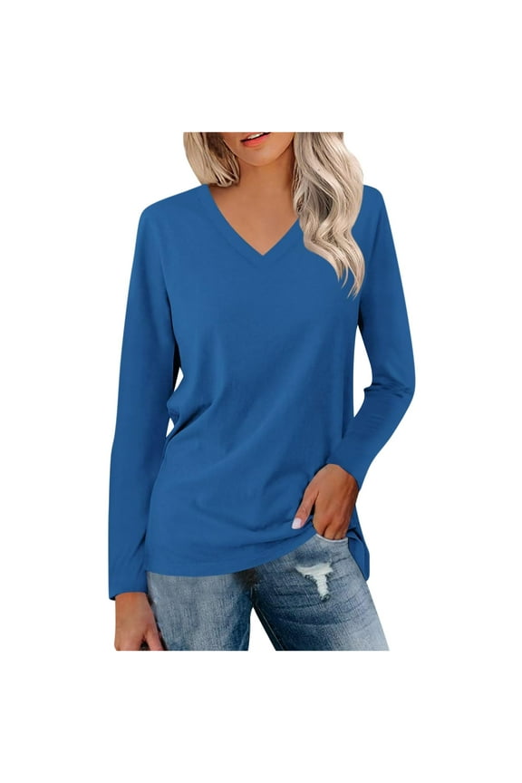 Shirts for Women Fashion Solid Color V-Neck Long Sleeve Blouses Tunic Shirts Gifts for Women
