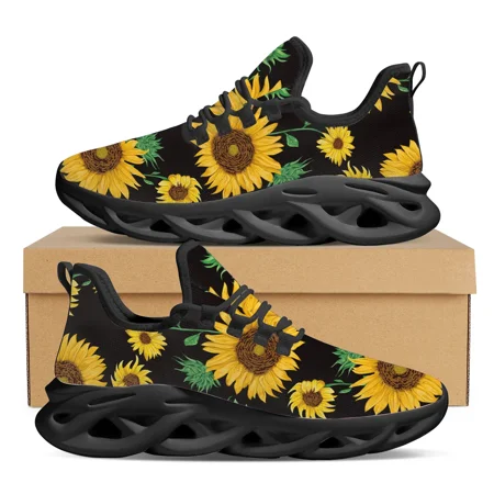 

2024 Hot Style Lace Up Sneakers Sunflower Pattern Print Women Flats Lightweight Breathable Jogging Shoes Chaussure Femme