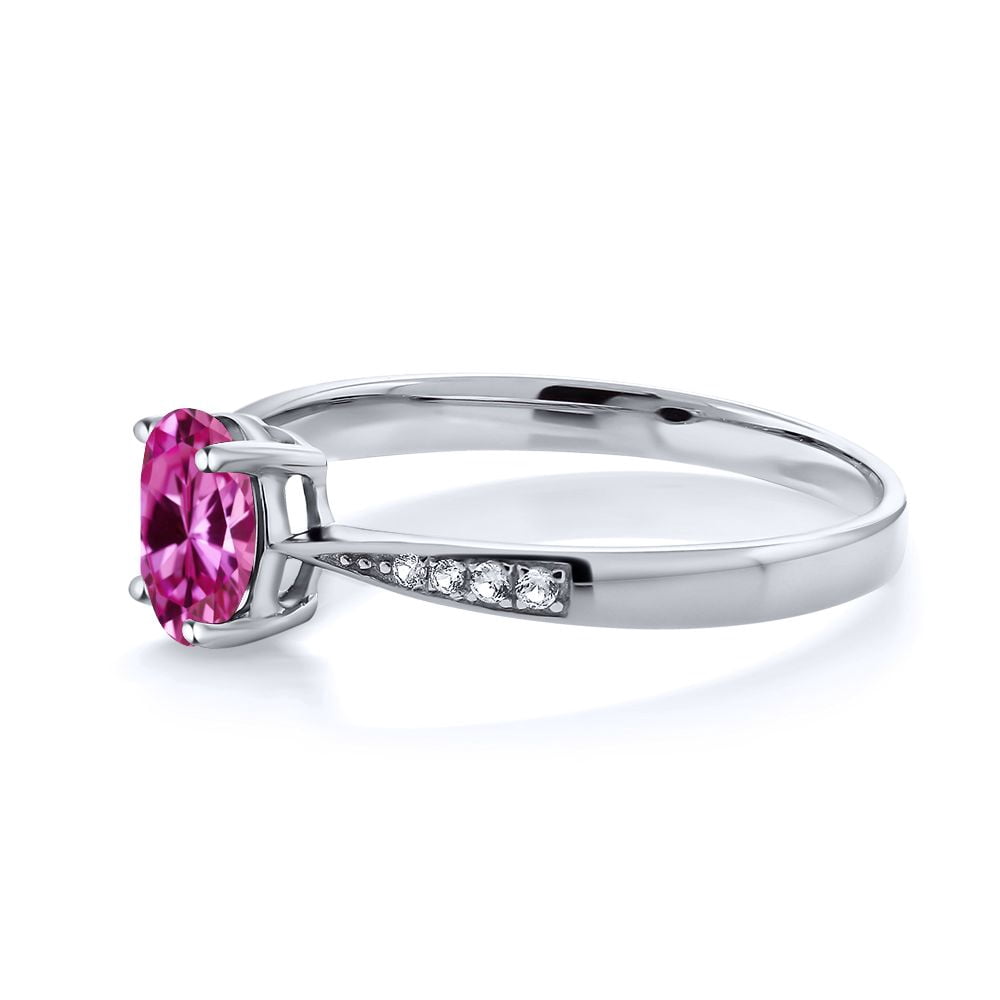 Gem Stone King 10K White Gold Pink Created Sapphire and White Diamond Engagement Ring for Women (0.96 Cttw, Gemstone September Birthstone, Oval 7X5MM, Available in Size 5, 6, 7, 8, 9)