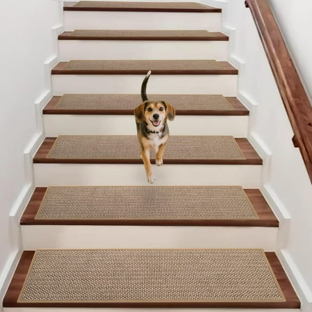 BONACA Linen Stair Treads Non Slip Indoor 30x8 Inch, 15Pcs Upgraded Stair Carpets, Peel and Stick Stair Runner Rugs for Wooden Steps with Reusable Anti Slip Self-Adhesive Backing (Beige).