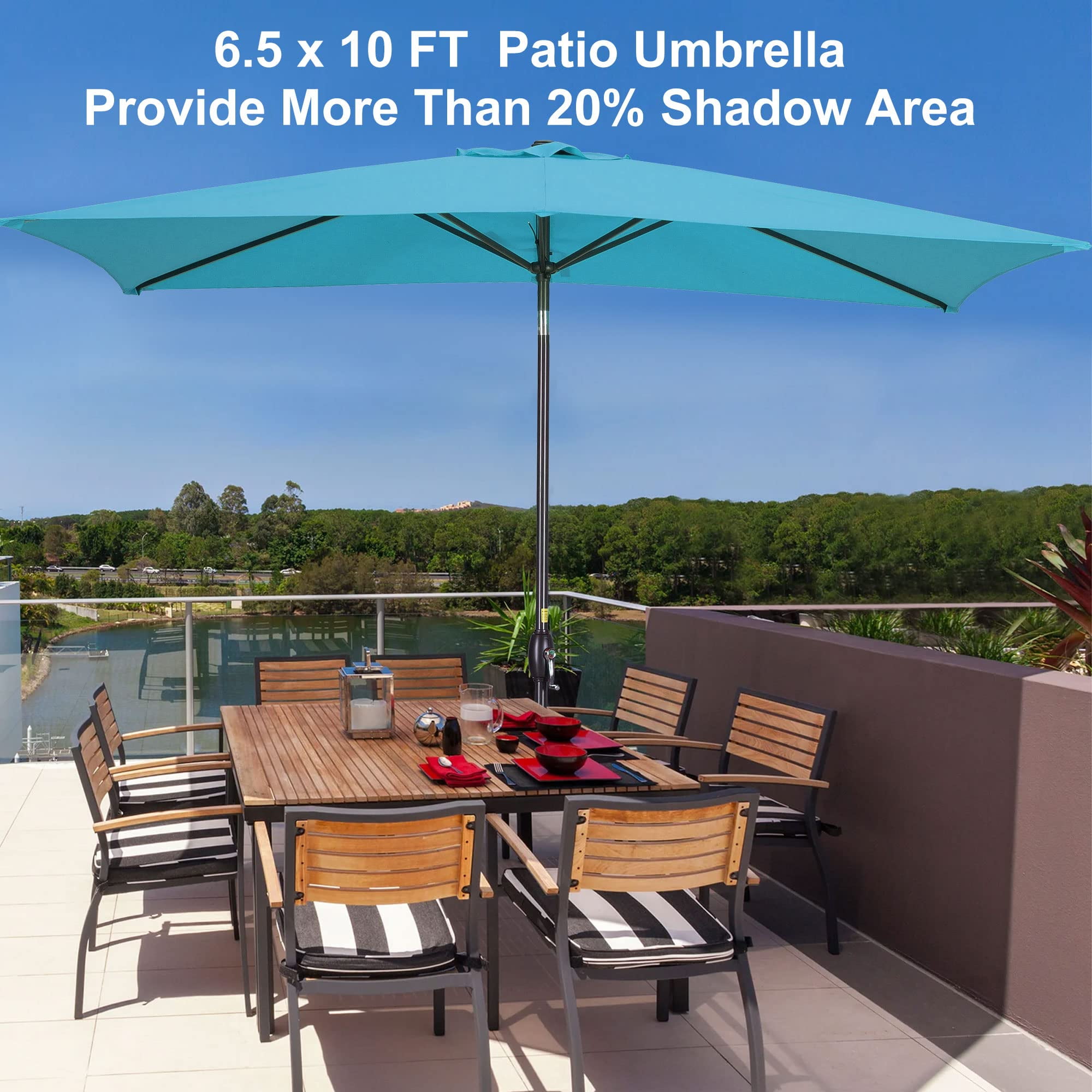 May in Color 6.5x10 ft Rectangular Patio Umbrella Outdoor Market Table Aluminum Pole Umbrella with Tilt and Crank 6 Sturdy Ribs for Deck Lawn Pool, Lake Blue