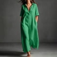 thumbnail image 2 of Noric Women Short Sleeve Cotton Dresses Casual Lapel Collar A-Line Maxi Dress with Pockets Loose Fit Solid Color for Daily Vacation, 2 of 9