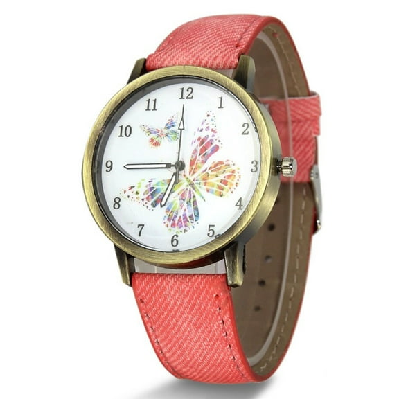 LINEL Women's Coral Cloth Band Butterfly Dial Watch Multicolored Butterfly Dial Wristwatch
