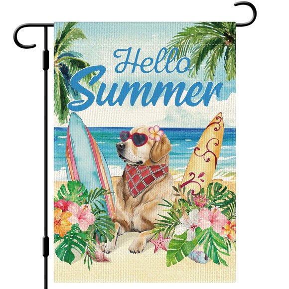 shiyou-DLZDN Hello Summer Dog Garden Flag Beach Surfboard Golden Retriever Garden Flag 12×18 Inch Double Sided Vertical Burlap Summer Coastal Seasonal Hawaii Tropical Ocean Yard Flag Outdoor Decorati