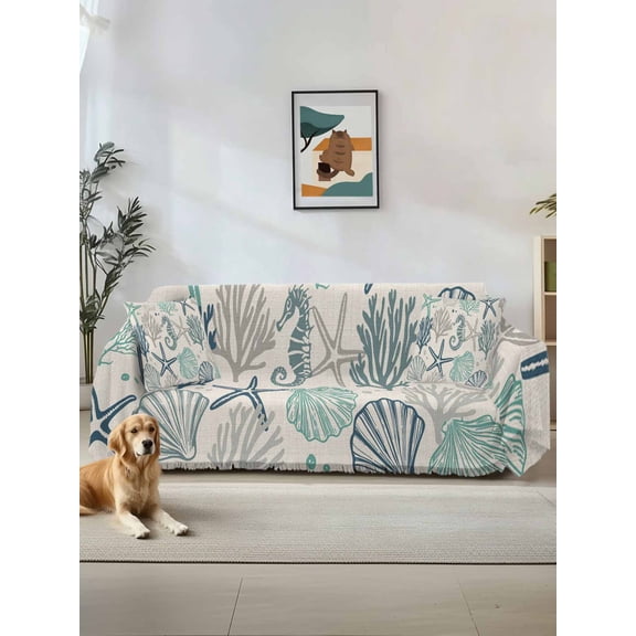 Blue Teal Coastal Couch Cover for 2 Cushion Couch, Summer Beach Starfish Coral Nautical Rustic Washable Love Seat Sofa Covers Slipcover, Throw Sofa Covers for Pets, Furniture Protector 71"x102"