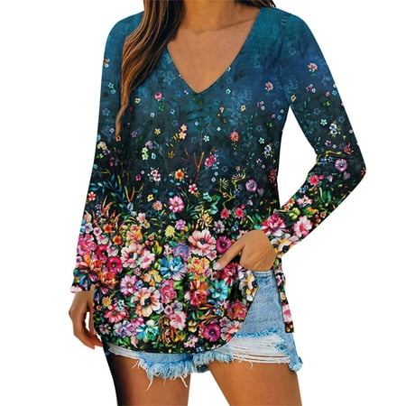 

ASEIDFNSA Women Fall Shirt Under Scrub Women Long Sleeve Shirts Womens Casual Feather Floral Dots Printing V Neck Long Sleevet Shirt Blouse Tops