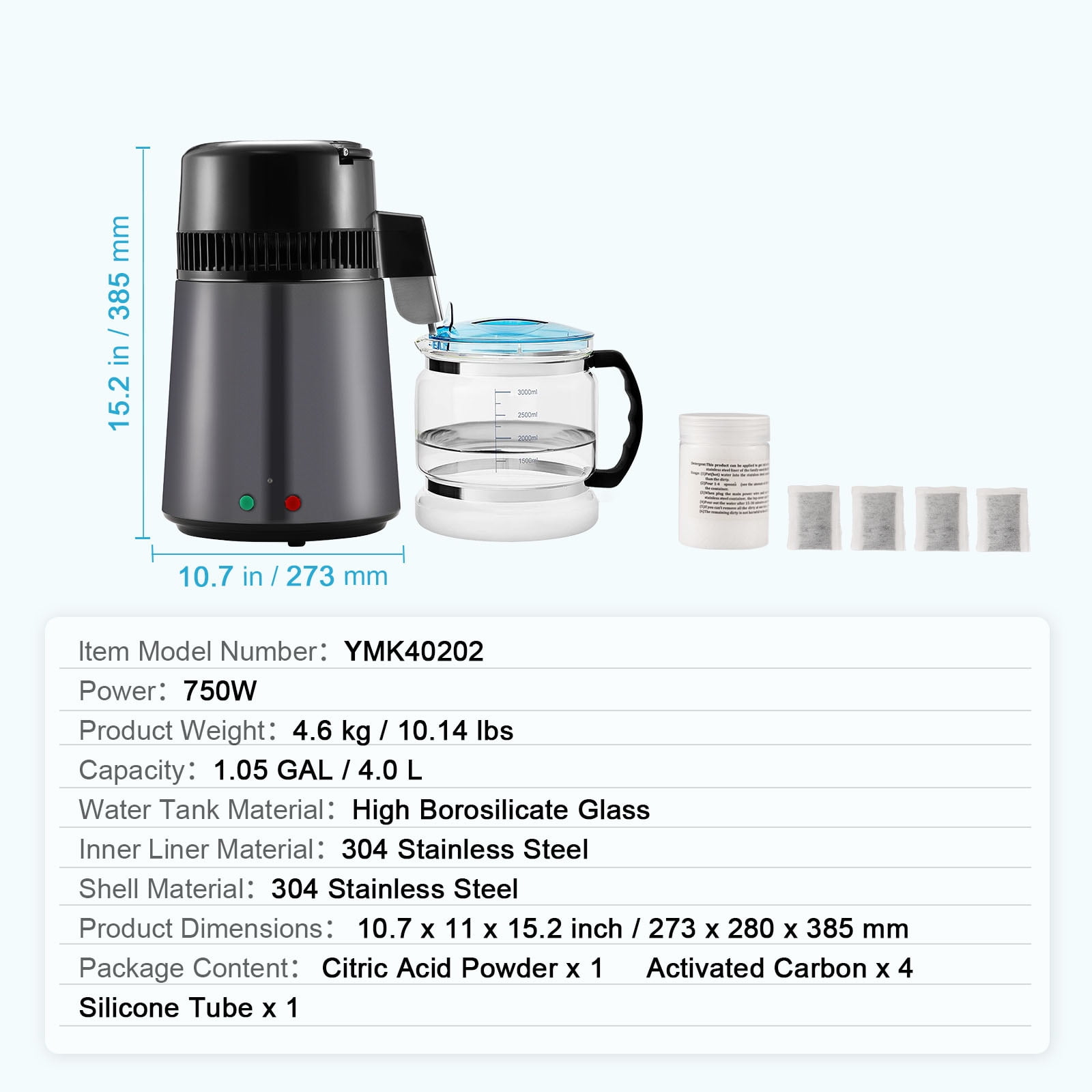 KFFKFF Water Distiller, 4L Capacity for Home Use, 750W Power, Stainless Steel Inside, Countertop Water Filtration System, Produces Pure Distilled Water, Grey