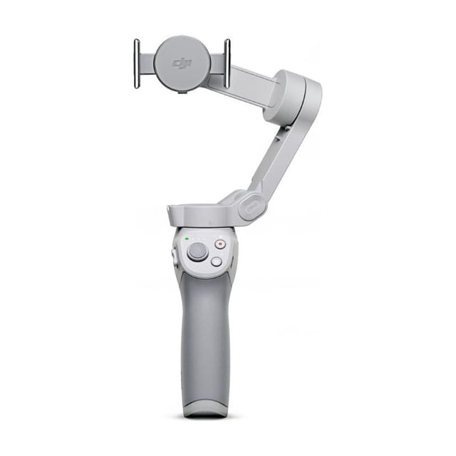 estabilizador dji osmo mobile 4 gris Vista frontal centrada del estabilizador DJI Osmo Mobile 4 gris con anclaje magnético y pinza visible, brazo articulado y empuñadura con joystick y botones de control; acabado liso gris, soporta hasta 230 g y batería de 2450 mAh que alcanza alrededor de 15 horas; diseñado para estabilización y seguimiento de sujeto, y suele usarse también para vlogging portátil.