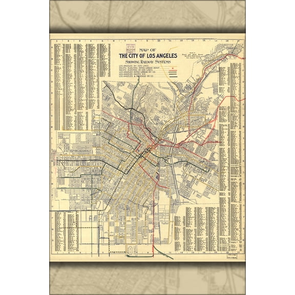 24"x36" Gallery Poster, Map of Los Angeles showing railway systems 1906