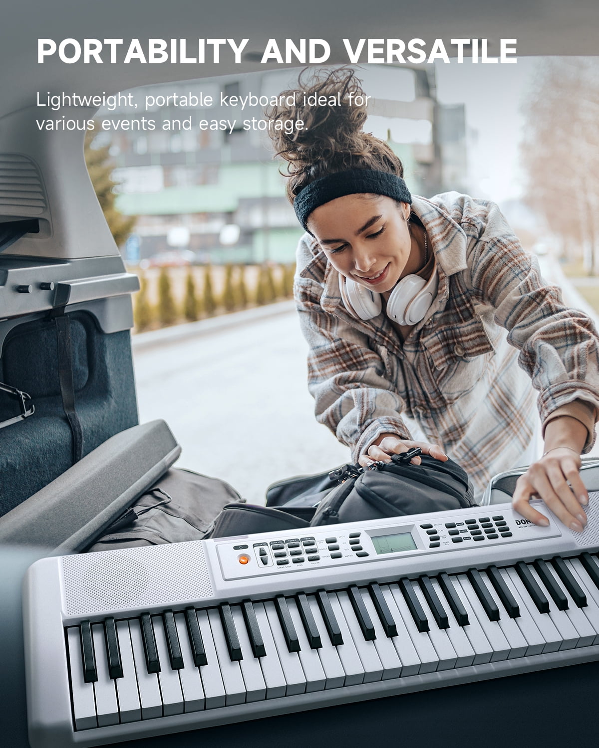 Donner DEK-200 61 Key Electronic Piano Keyboard Set, Auto Accompaniment, Record, Includes 300 Tones, with Stand, Bench, Microphone, White