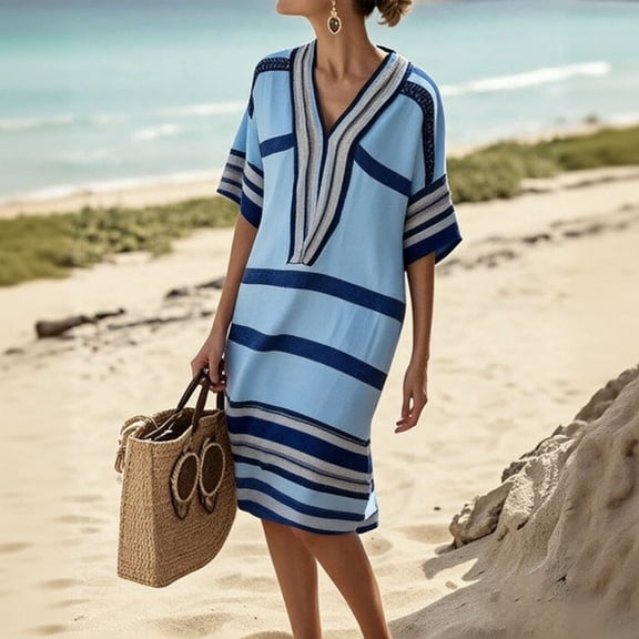 QUNYINEY Short Sleeve Womens Summer Dresses Casual Cotton Linen Midi Striped Shift Dress Casual Vacation V Neck Loose Fit Dresses
