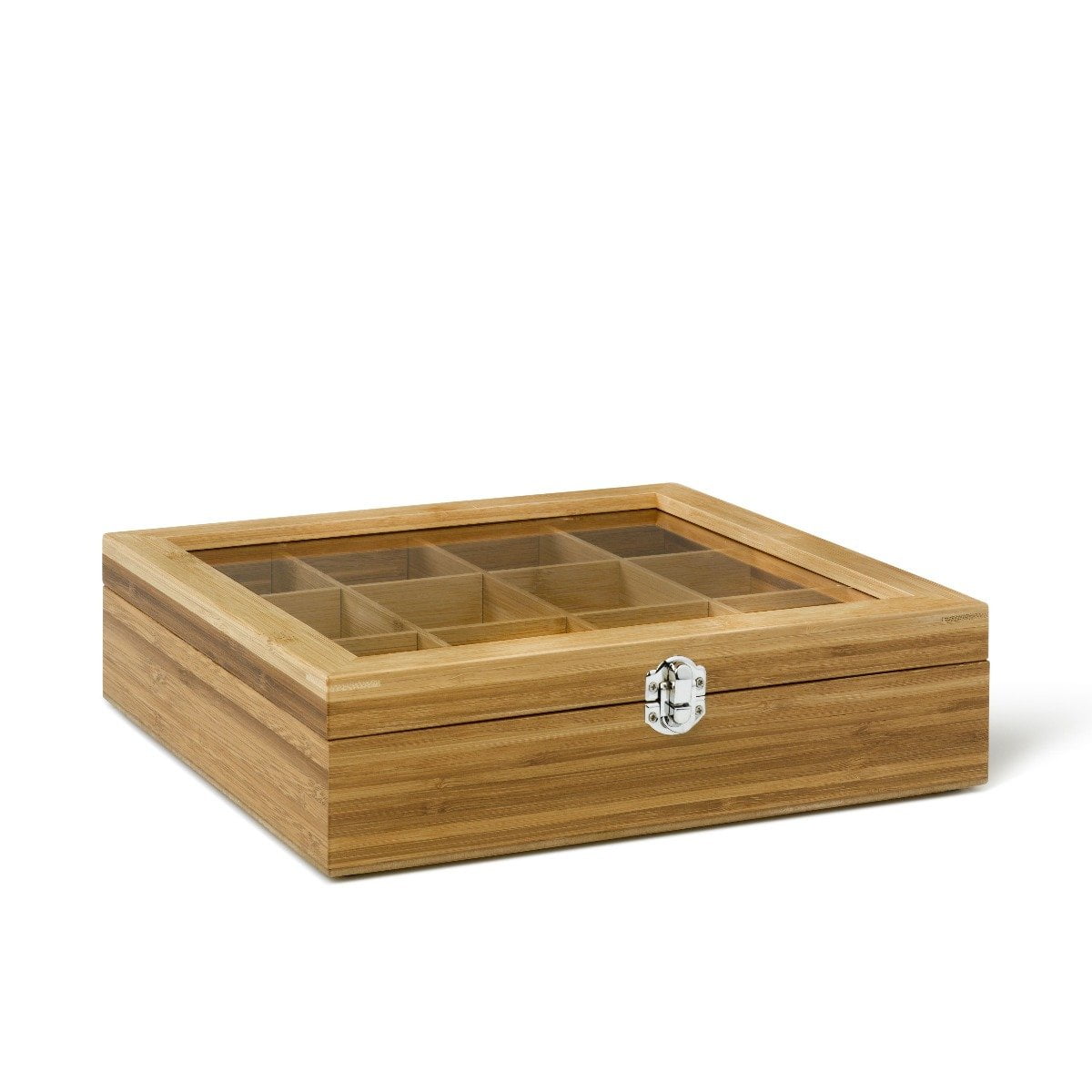 Natural Bamboo 12 Compartment Tea Box with Glass Lid