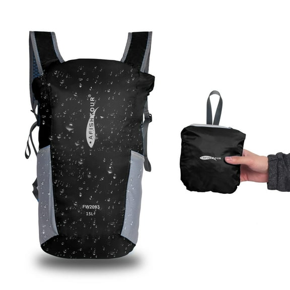 AFISHTOUR Lightweight Packable Backpack, 15L Waterproof Backpack Travel Hiking Daypack for Men Women (Black)