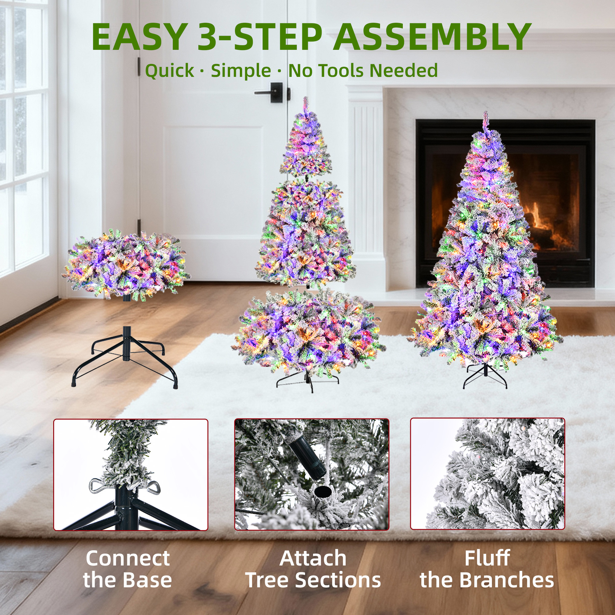 Furnibear 6ft Pre-Lit Flocked Christmas Tree, 1000 Tips with 250 Color Changing Lights & Auto Fluff