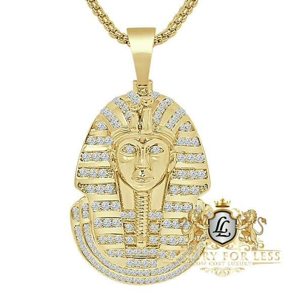 14K Gold Tone Simulated Diamond Egyptian King Tut Pharaoh Charm Pendent   Chain
