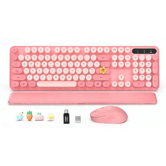 Wireless Keyboard & Mouse Set– Retro Round Keycaps, Detachable Wrist Rest, 2.4GHz Cordless Connection for Mac/Windows/PC