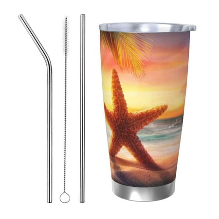 

Fuzoiu Starfish Sunset Sea Beach Print 20oz Tumbler Stainless Steel Vacuum Insulated Car Cup Insulated Coffee Mug Travel Mug with Lid Thermal Cup for Outdoor-Straw Three-piece Set