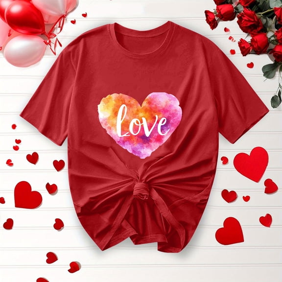 AUNVITO Women's Valentine's Day T-shirt Round Neck Short Sleeve with Heart Print Casual and Cute Style