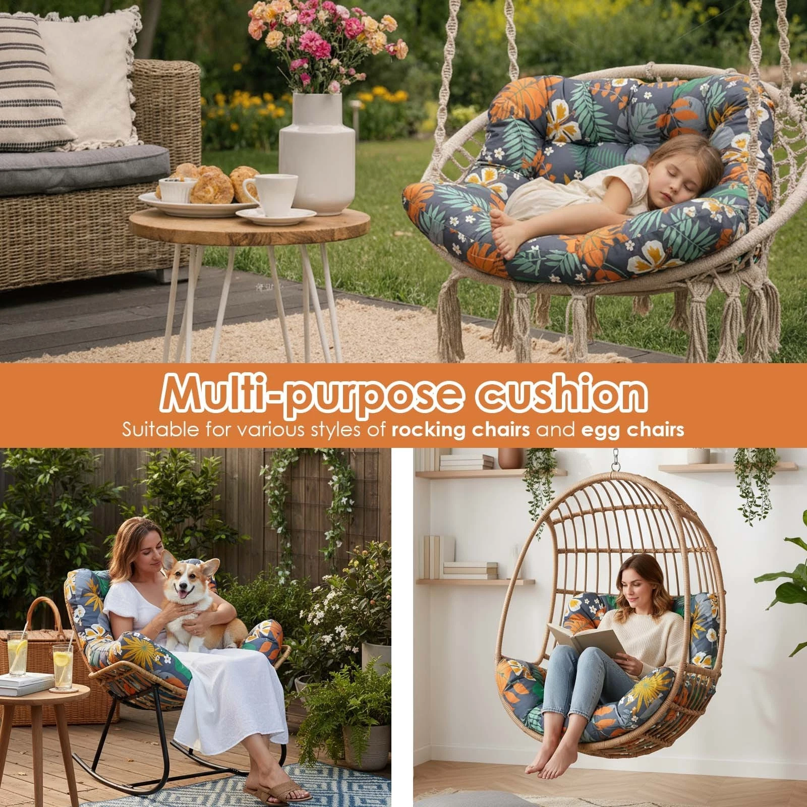 TOPCHANCES Egg Chair Cushion Only, Water-Resistant Outdoor Rocking Chair Cushion, Thick Papasan Seat Cushion with Ties for Patio, Porch, Balcony, Garden (Autumn)