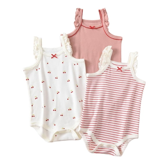 Nilvkv Newborn Girl Clothes, Newborn Onesies Girl, Toddler 3-Pack Striped Cherry Print Sleeveless Cami Bodysuit Set Soft Cotton Summer Pink 0-6 Months