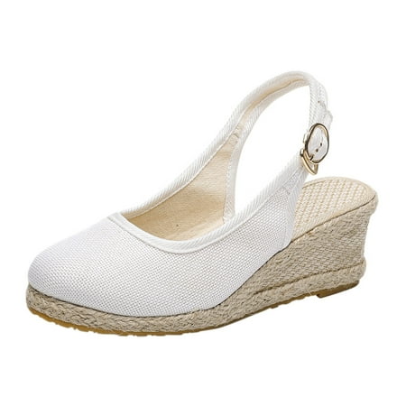 

Womens Sandals Fashion Women Buckle Strap Summer Weave Comfortable Wedges Shoes Beach Round Toe Breathable Sandals Women S Sandals Cotton Fabric White 39