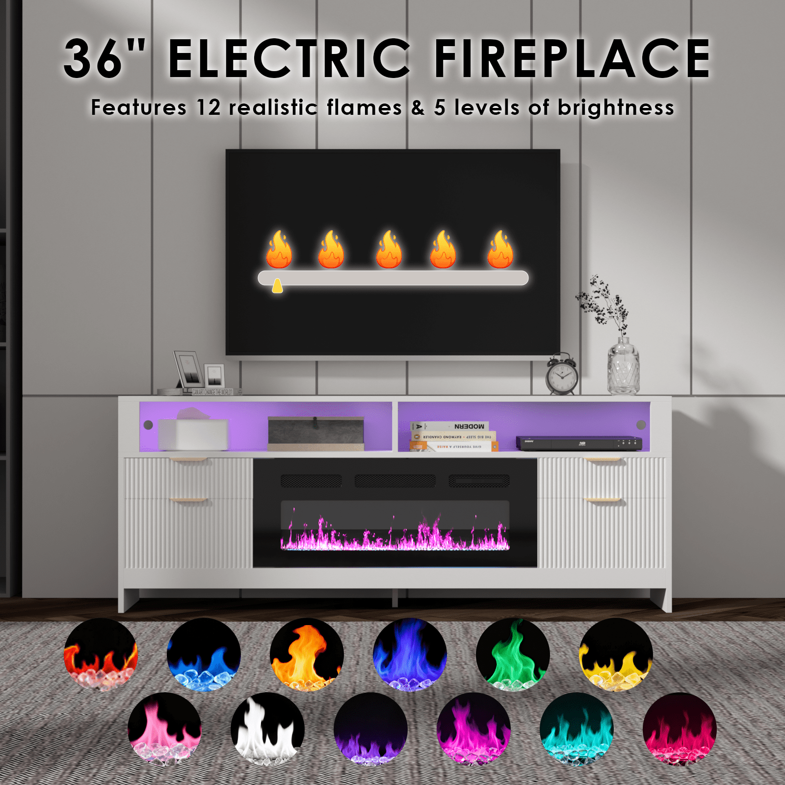 Fireplace TV Stand with 36" Electric Fireplace,LED Light Entertainment Center with Highlight Storage Cabinets Up to 80" TVs, Modern Fluted TV Stand for Living Room,Bedroom (Black)