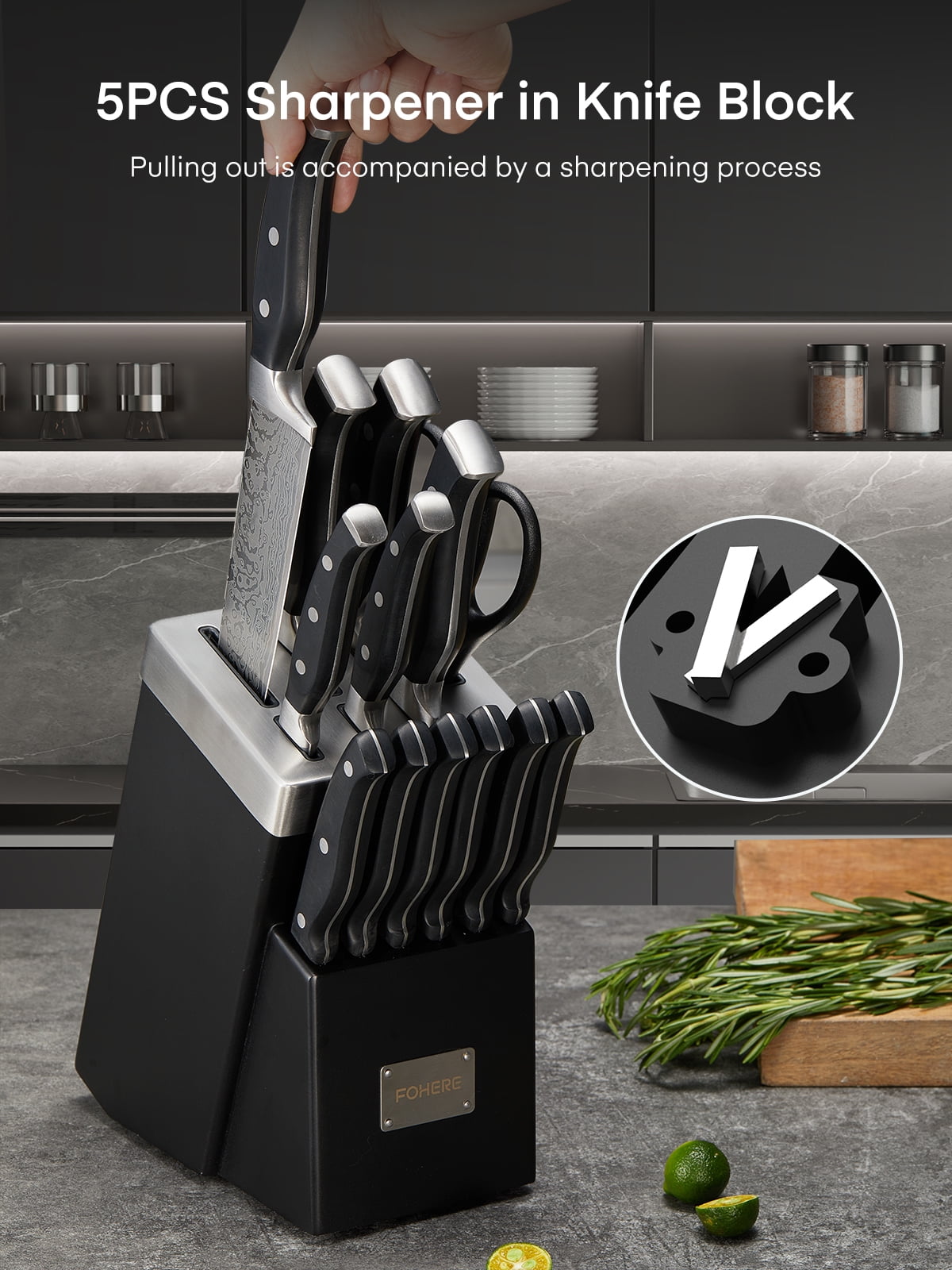 FOHERE 14 Pcs Knife Set with Self-sharpening , Waved Texture Stainless Steel Kitchen Knives, Black